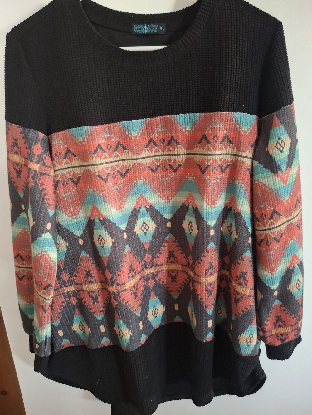 Cozy Black Waffle-Knit Aztec Pullover with Coral & Teal Pattern
